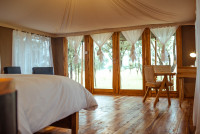 Each room includes beautiful views of the Serengeti through large glass doors.