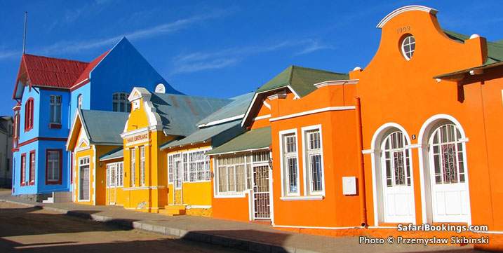 Multicoloured houses in Nachtigal Strasse in Luderitz, Namibia