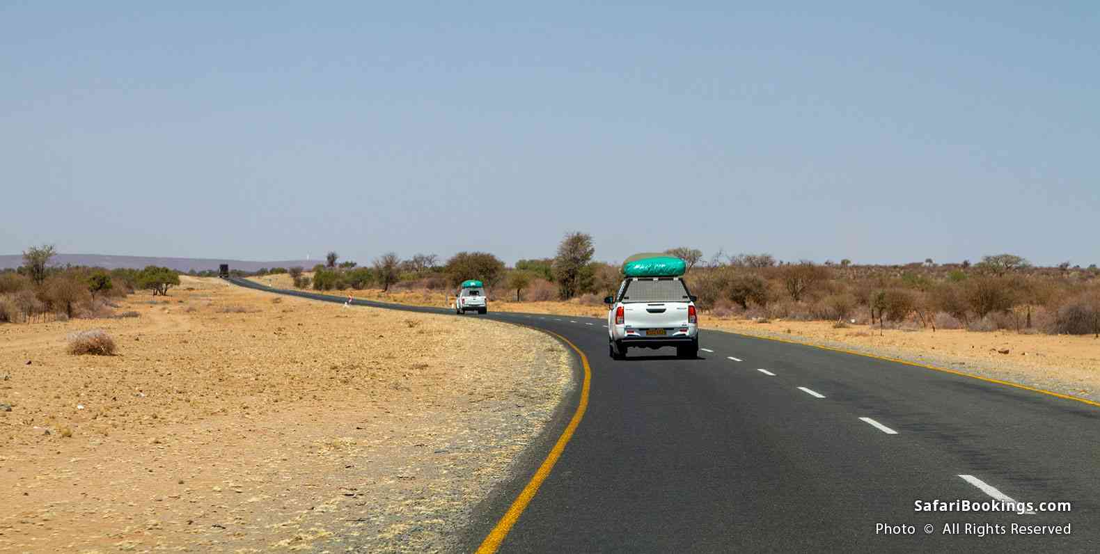 Driving left on the B1 highway in Namibia