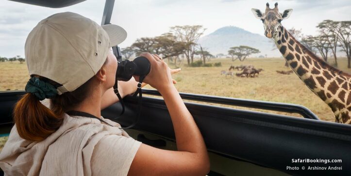 Woman on safari watching a giraffe at Serengeti National Park