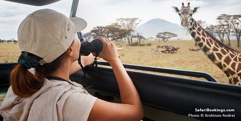 Woman on safari watching a giraffe at Serengeti NP