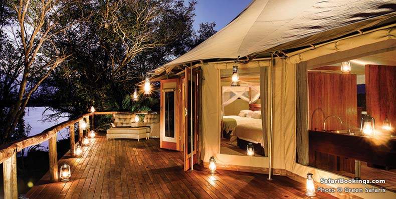 Luxury tent mounted on elevated deck above the Kafue River