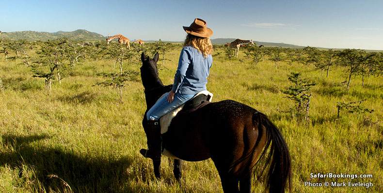 Horseback rider watching giraffes in Borana Conservancy