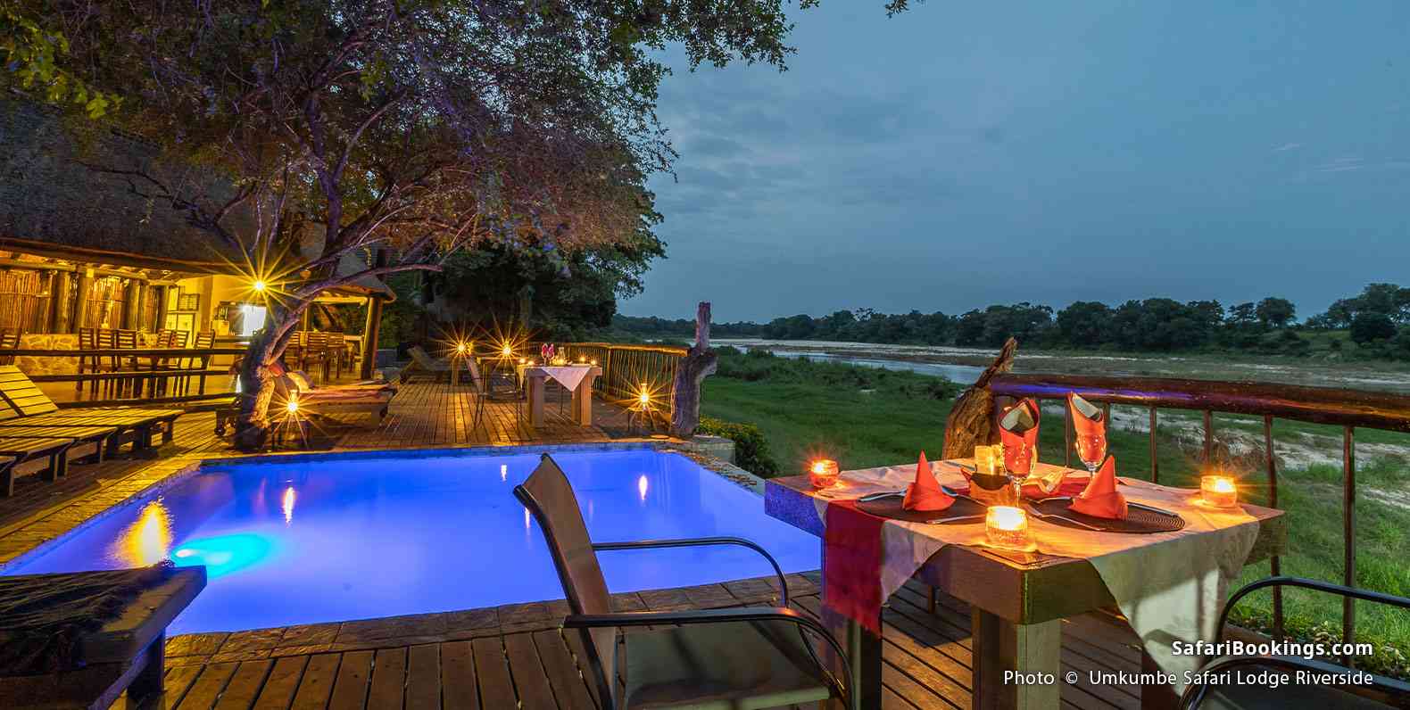 Pool area facing the Sand River at Umkumbe Safari Lodge Riverside