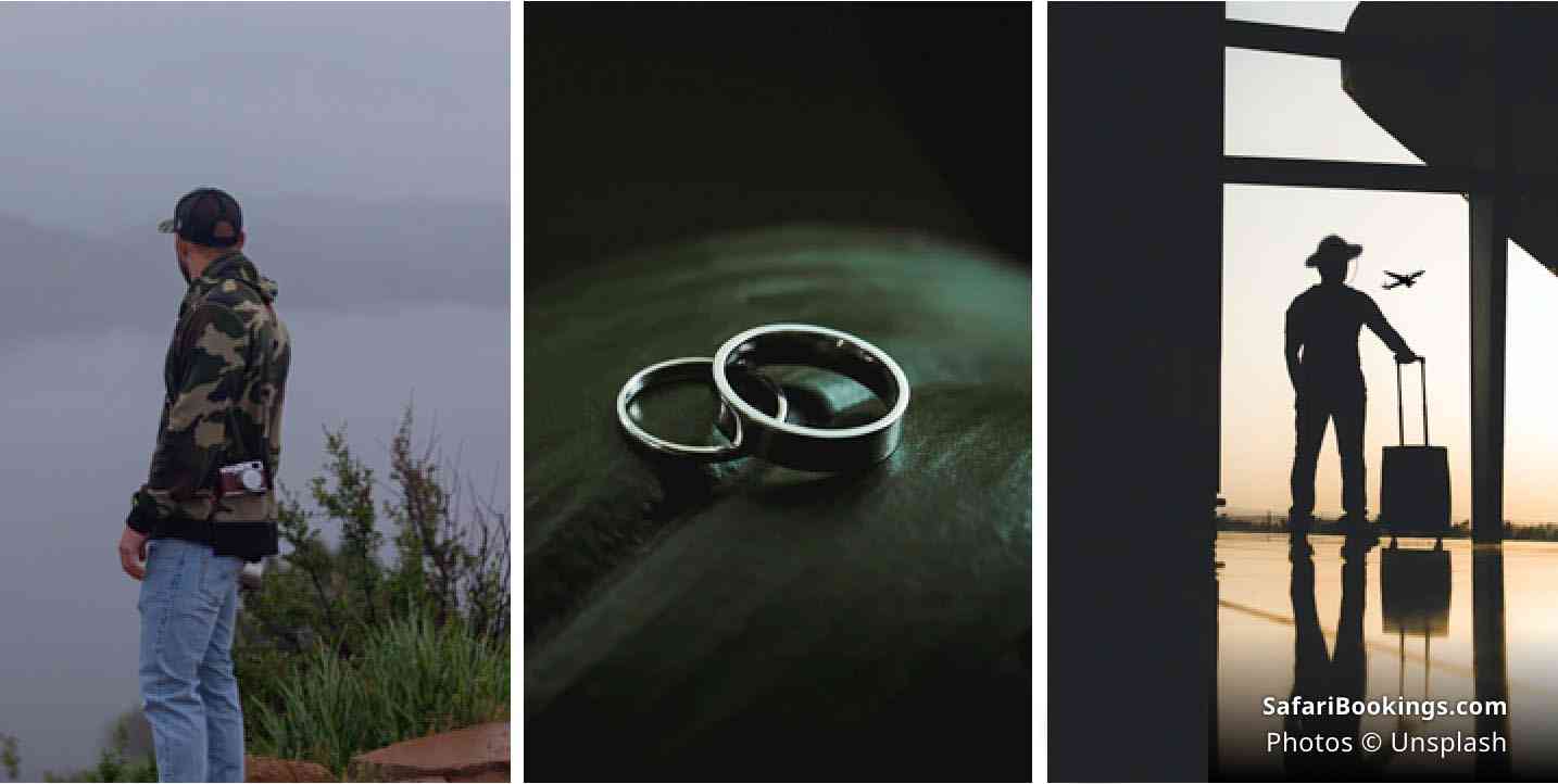 Collage of three images: traveler looking into the foggy distance; two rings on a green leaf; a silhouette of a traveler observing a departing plane in the airport window