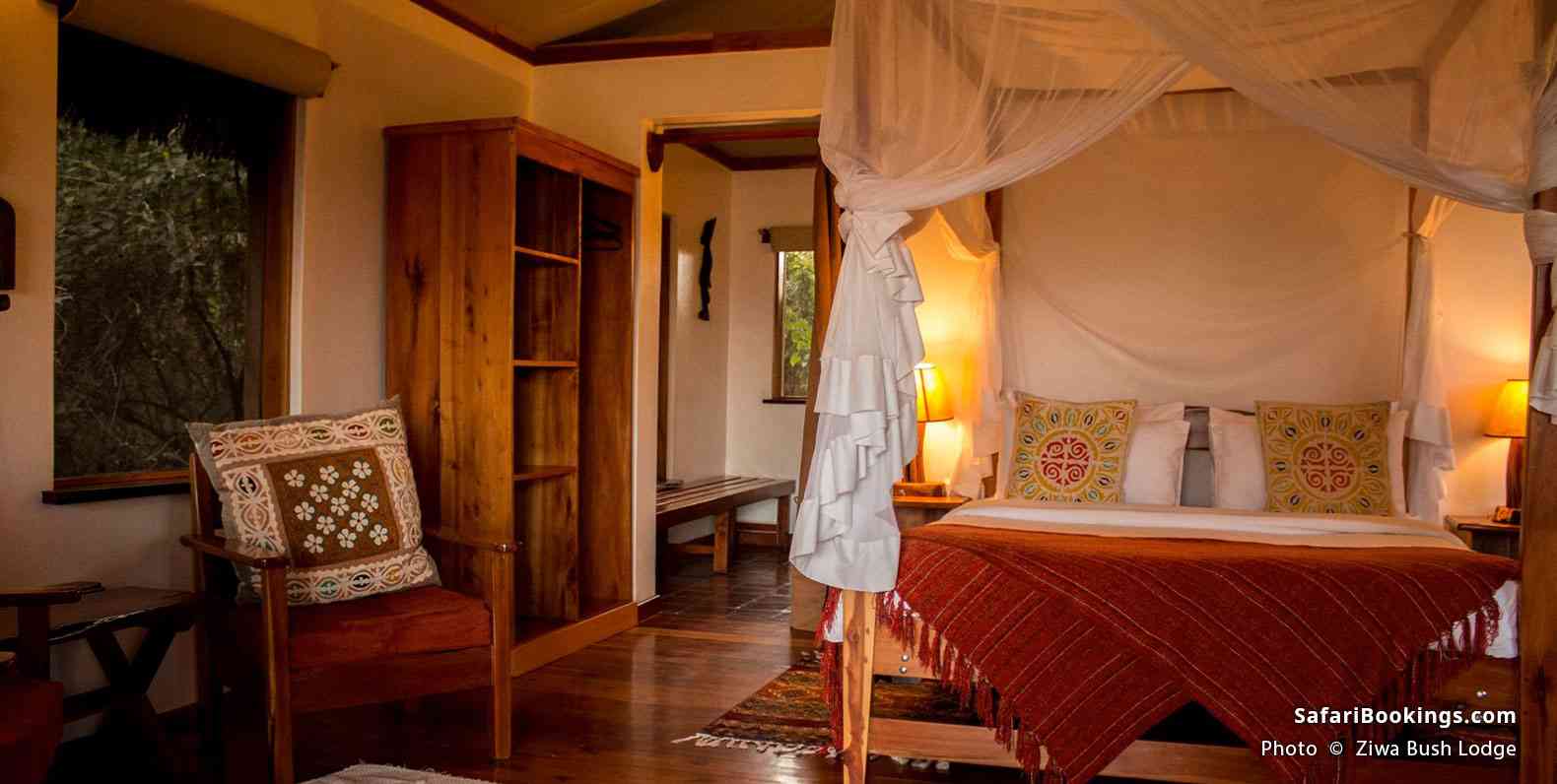 Rustic room interior of the Ziwa Bush Lodge