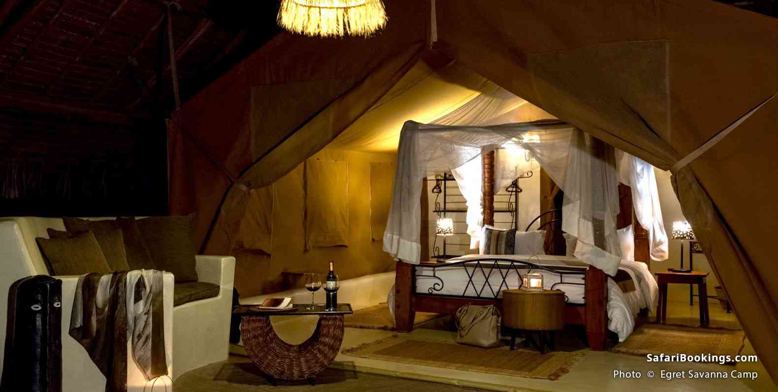 Photo of the interior of the Egret Savanna Camp as viewed from the outside