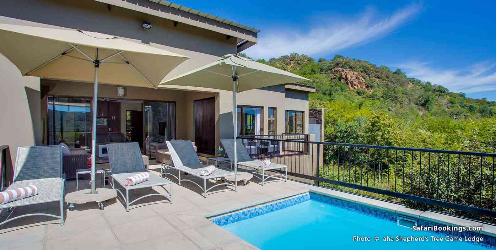 Pool area with a nature backdrop at aha Shepherd’s Tree Game Lodge
