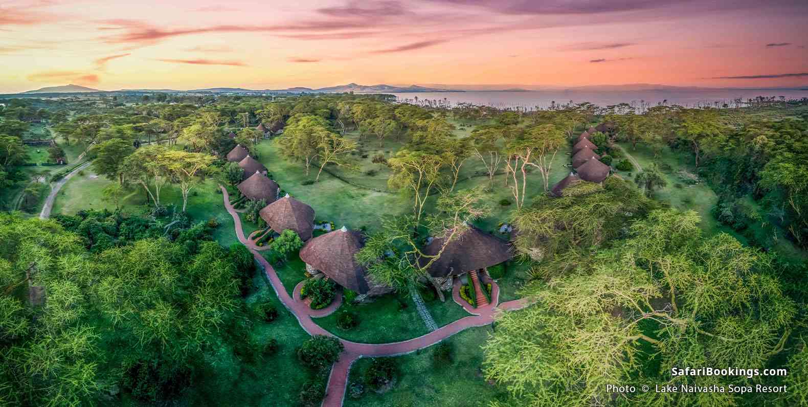 Aerial view of Lake Naivasha Sopa Resort with the lake seen in the distance