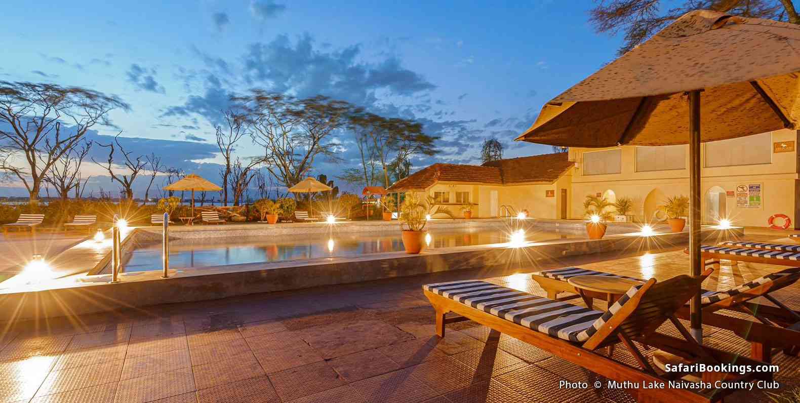 Muthu Lake Naivasha Country Club pool at dusk