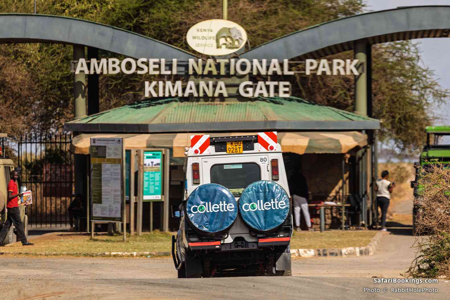 Safari vehicle approaches Amboseli’s Kimana Gate