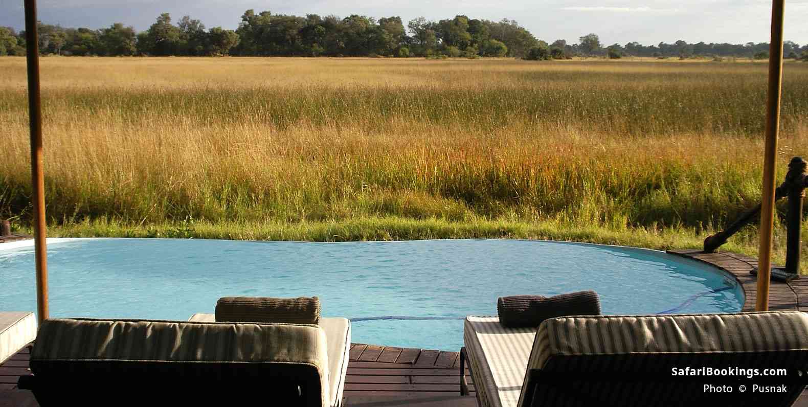 Pool overlooking the Okavango Delta at sunset