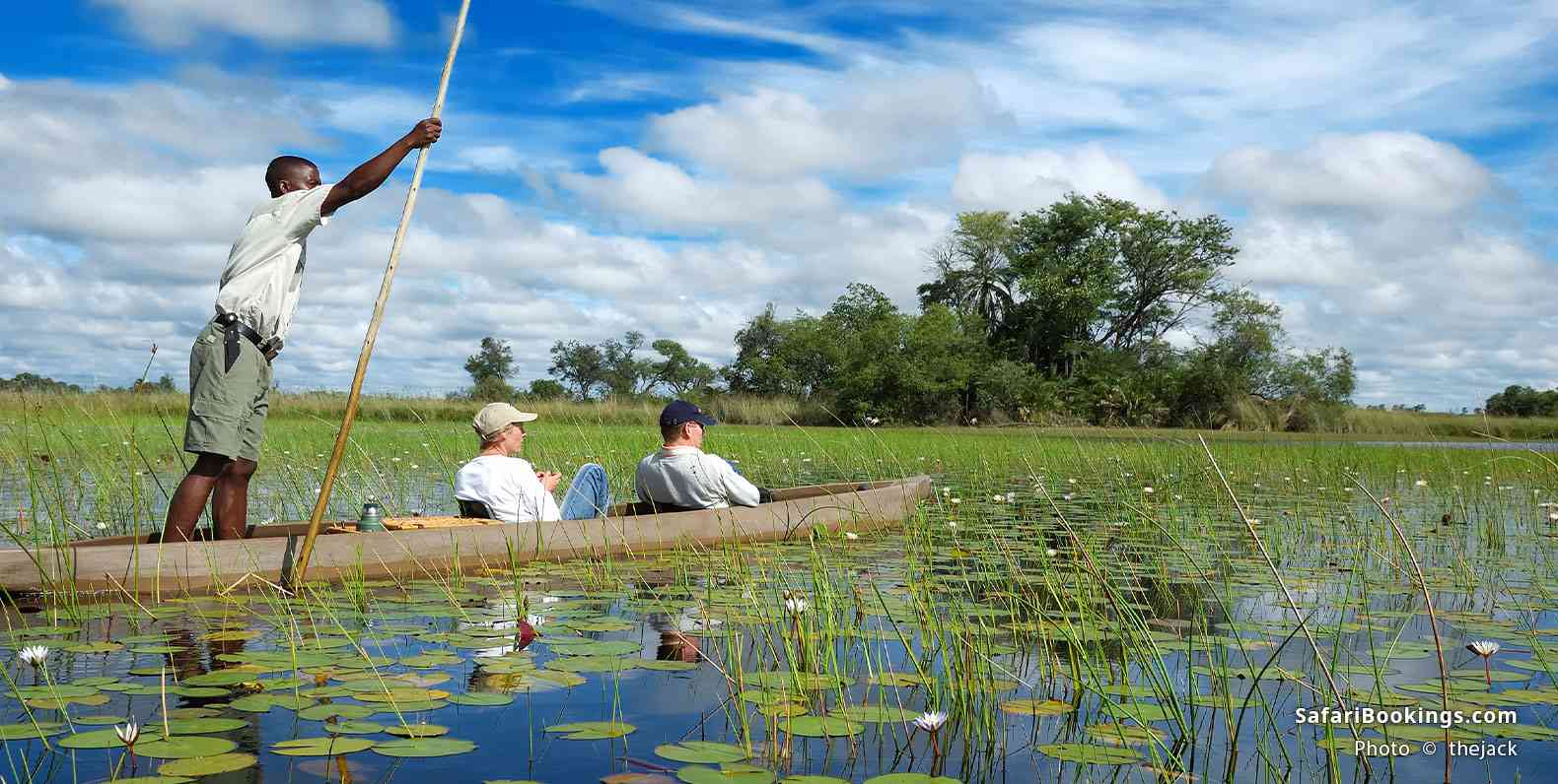 Guide poling tourists through the Okavango Delta