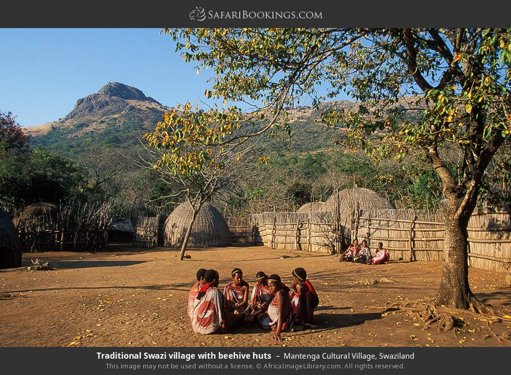 Traditional Swazi village with beehive huts in Mantenga Cultural Village, Eswatini