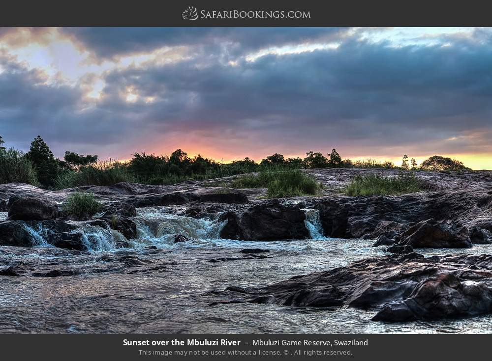 Sunset over the Mbuluzi River in Mbuluzi Game Reserve, Eswatini