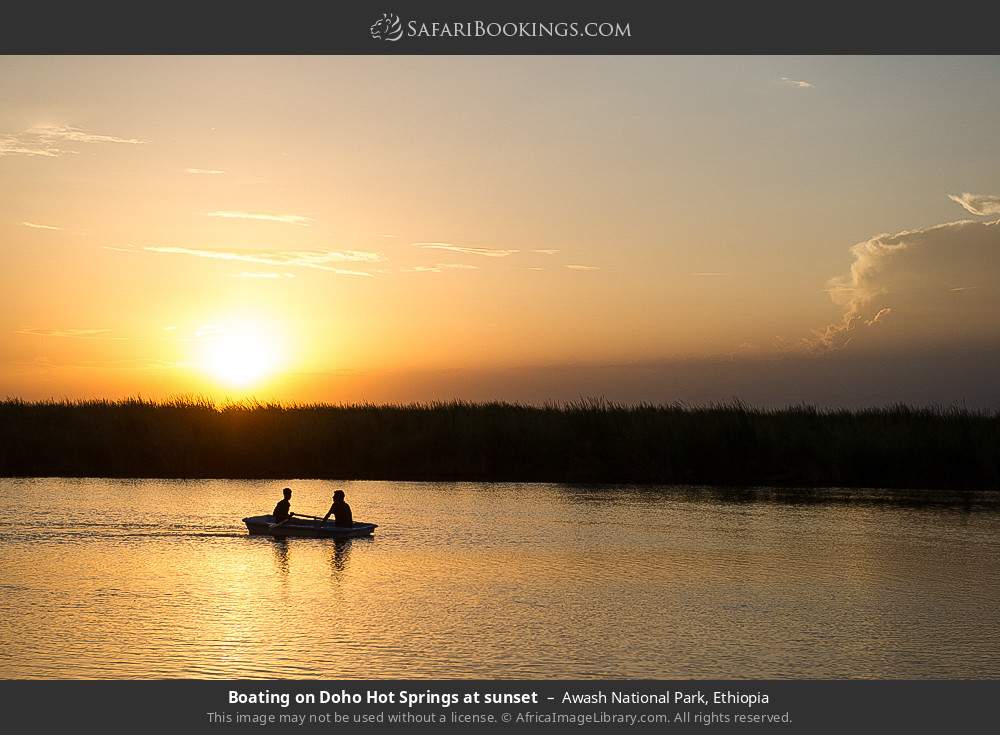 Boating on Doho Hot Springs at sunset in Awash National Park, Ethiopia