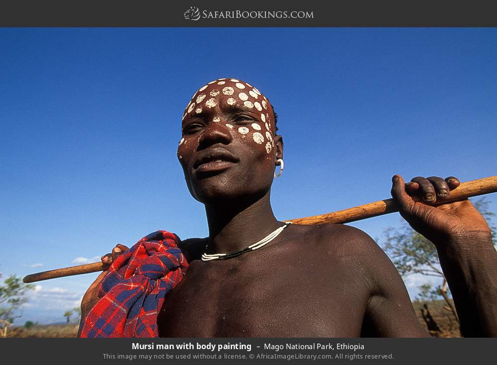 Mursi man with body painting in Mago National Park, Ethiopia