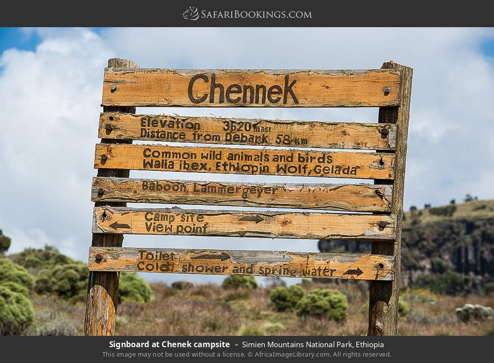 Signboard at Chenek campsite in Simien Mountains National Park, Ethiopia