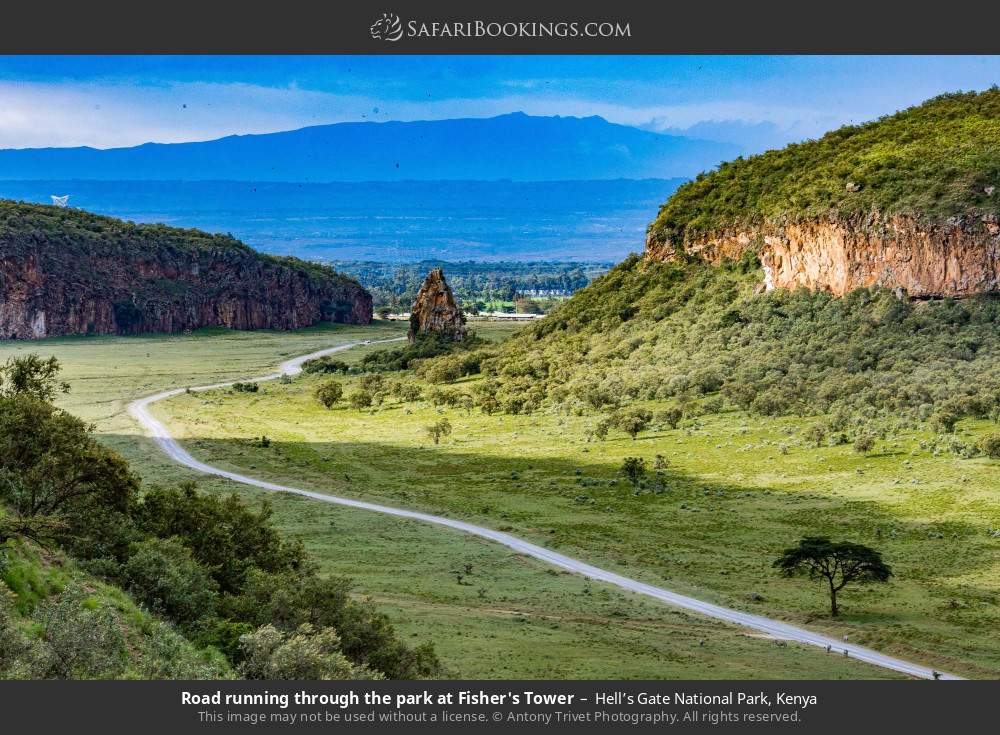 Road running through the park at Fisher's Tower in Hell’s Gate National Park, Kenya