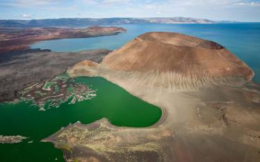 Aerial view over the volcanic landscape