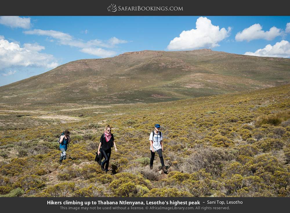 Hikers climbing up to Thabana Ntlenyana, Lesotho's highest peak in Sani Top, Lesotho