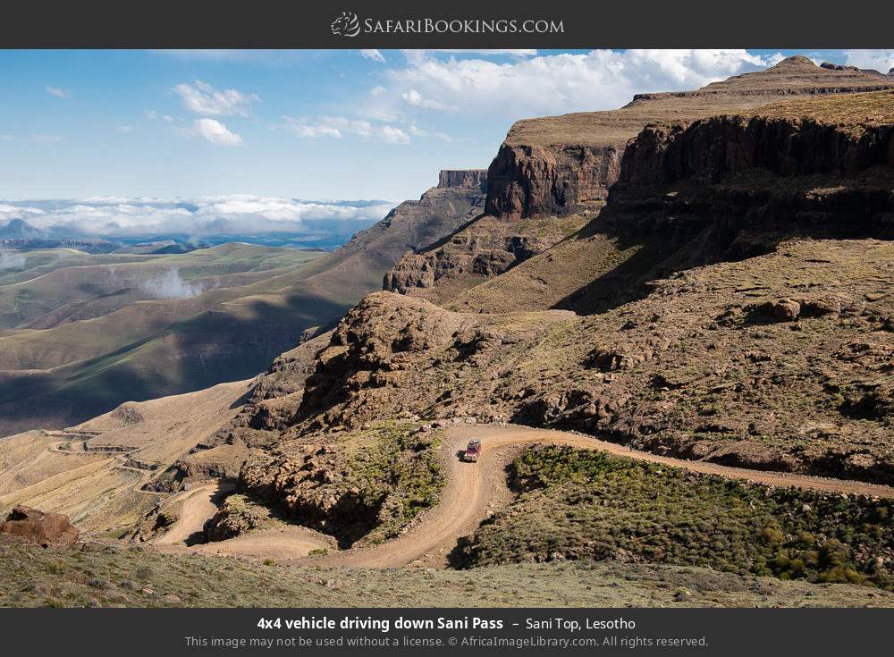 4x4 vehicle driving down Sani Pass in Sani Top, Lesotho