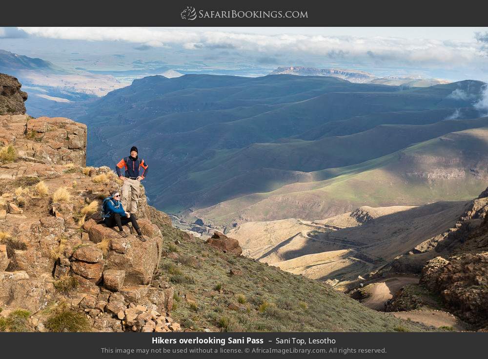 Hikers overlooking Sani Pass in Sani Top, Lesotho