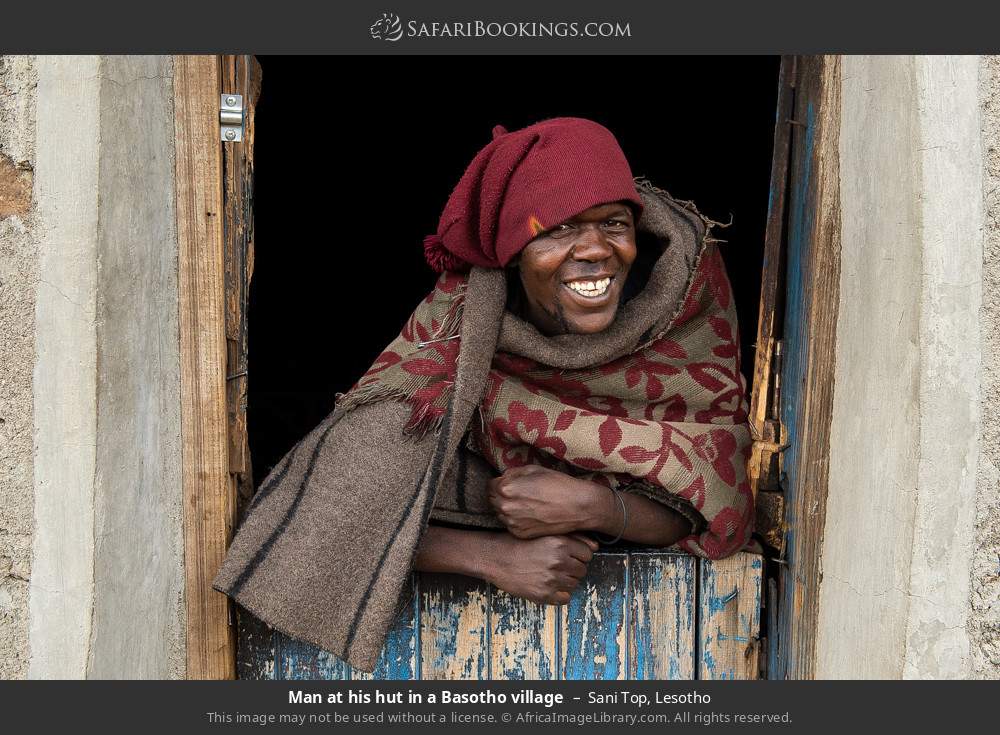 Man at his hut in a Basotho village in Sani Top, Lesotho