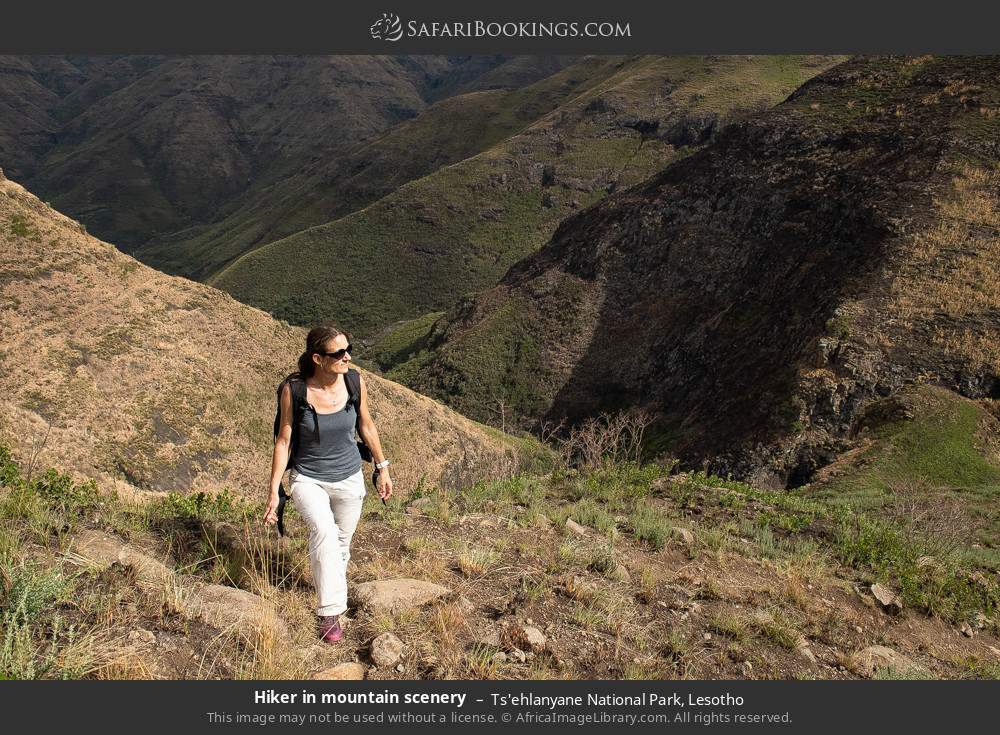 Hiker in mountain scenery in Ts'ehlanyane National Park, Lesotho