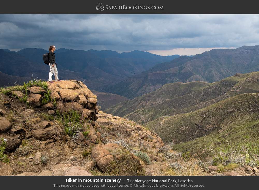 Hiker in mountain scenery in Ts'ehlanyane National Park, Lesotho