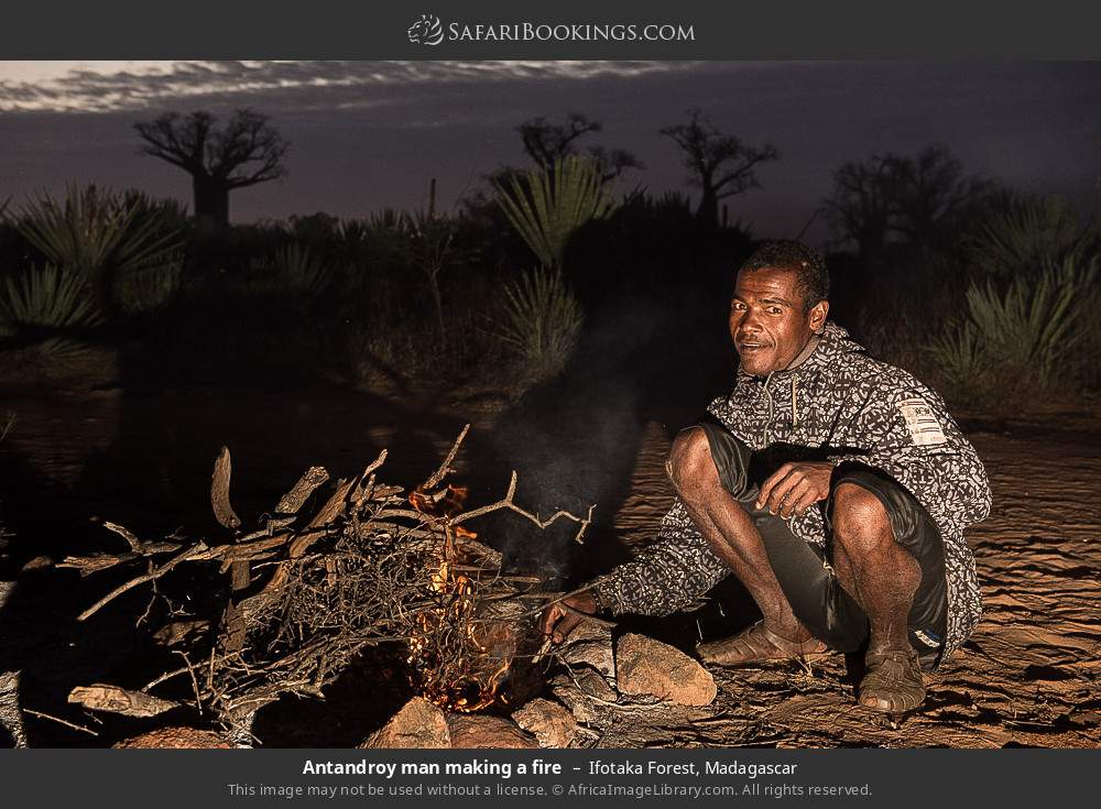 Antandroy man making a fire in Ifotaka Forest, Madagascar