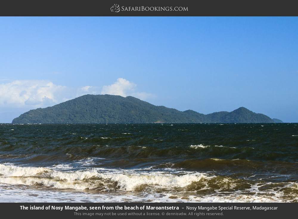 The island of Nosy Mangabe, seen from the beach of Maroantsetra in Nosy Mangabe Special Reserve, Madagascar