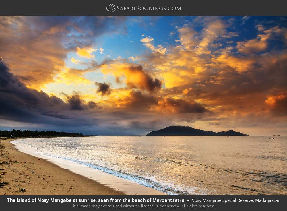 The island of Nosy Mangabe at sunrise, seen from the beach of Maroantsetra in Nosy Mangabe Special Reserve, Madagascar