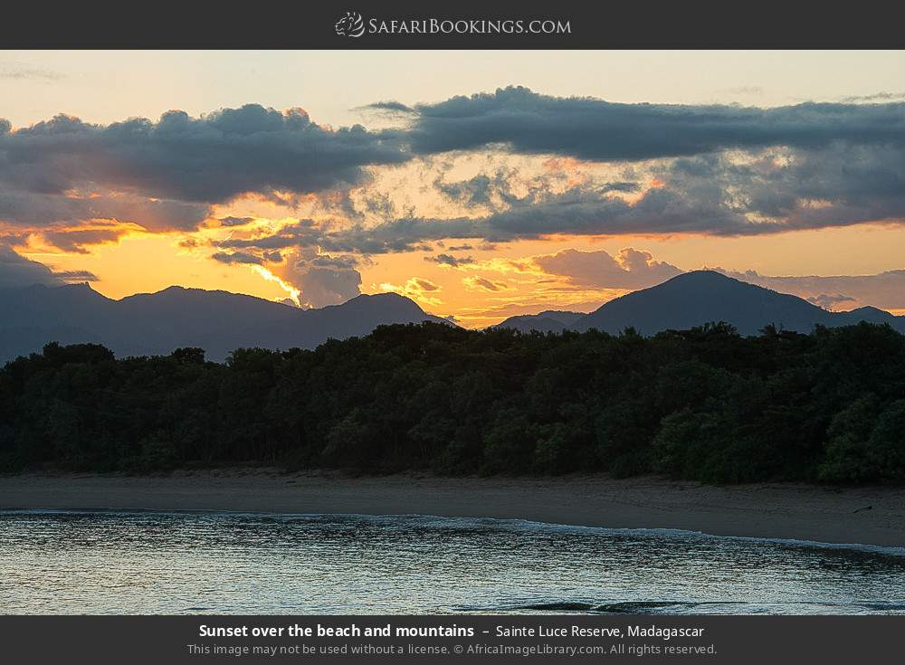 Sunset over the beach and mountains in Sainte Luce Reserve, Madagascar