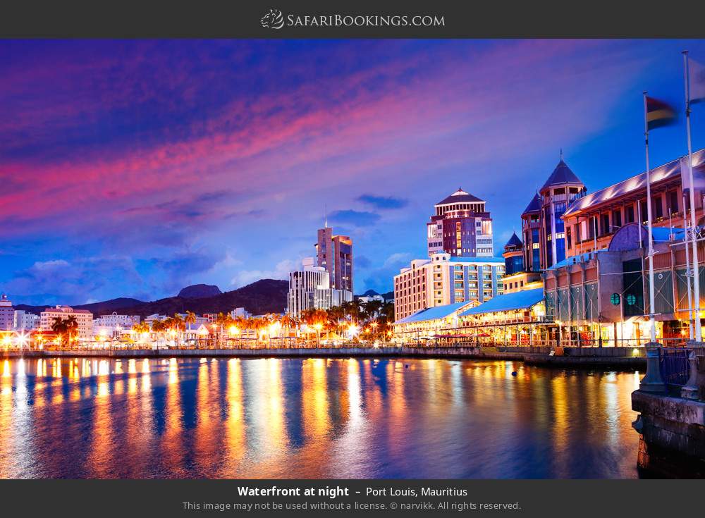 Waterfront at night in Port Louis, Mauritius