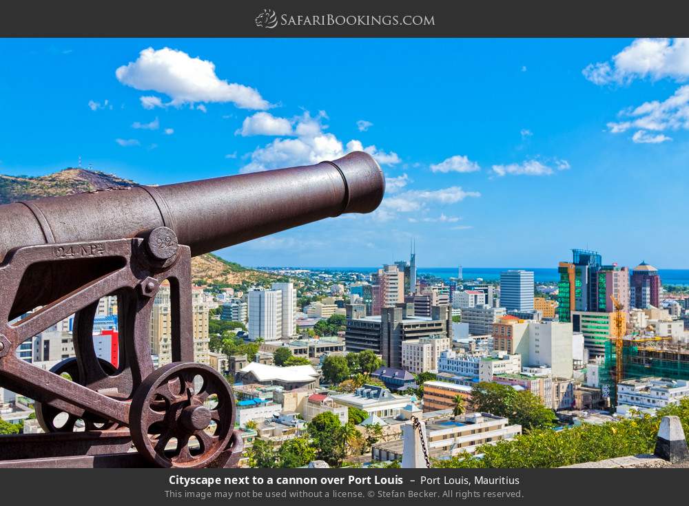 Cityscape next to a cannon over Port Louis in Port Louis, Mauritius