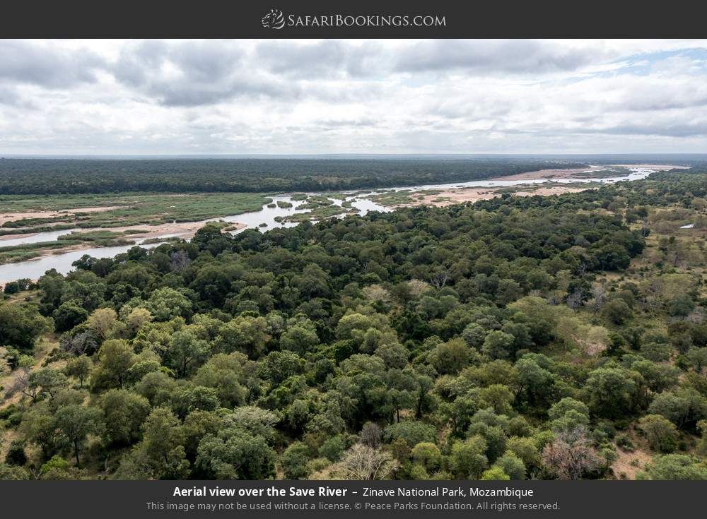 Aerial view over the Save River in Zinave National Park, Mozambique