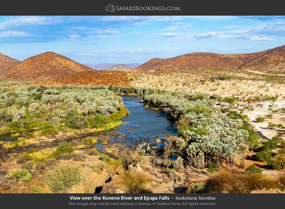 View over the Kunene River and Epupa Falls in Kaokoland, Namibia