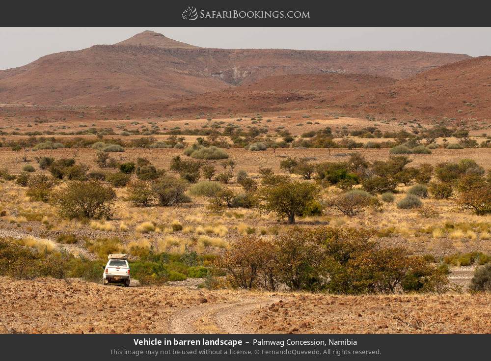 Vehicle in barren landscape in Palmwag Concession, Namibia