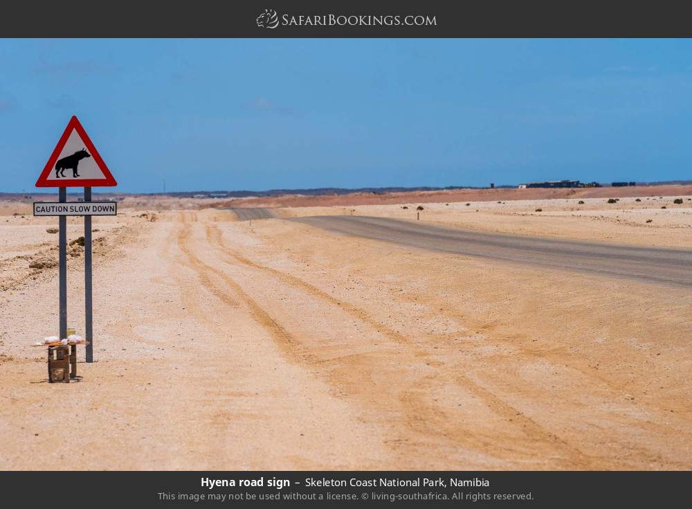 Hyena road sign in Skeleton Coast National Park, Namibia