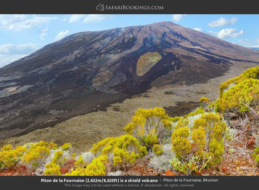 Piton de la Fournaise (Peak of the Furnace), 2632m, is a shield volcano in Piton De La Fournaise, Réunion
