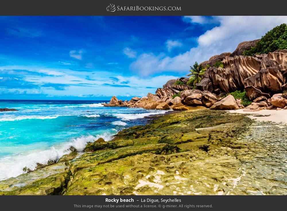 Rocky beach in La Digue, Seychelles