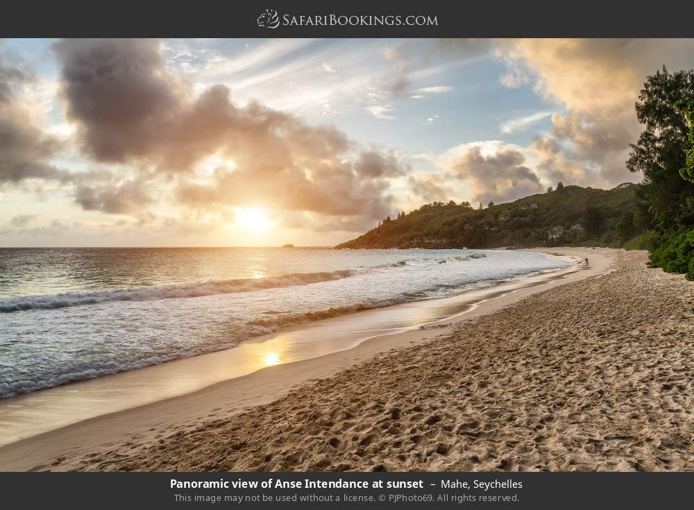 Panoramic view of Anse Intendance at sunset in Mahe, Seychelles