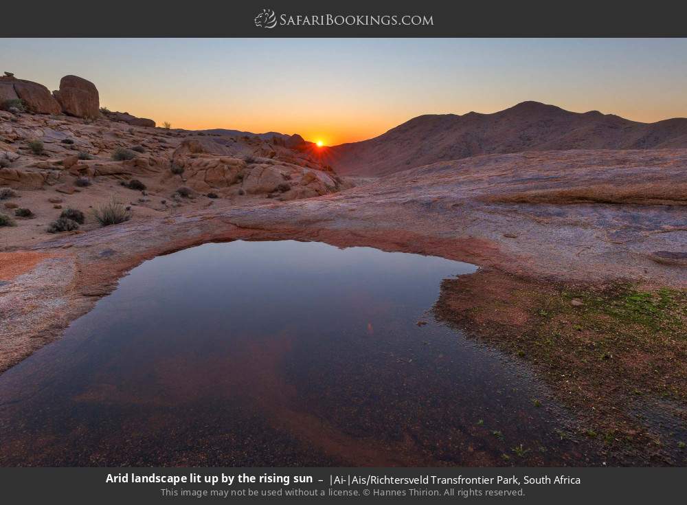 Arid landscape lit up by the rising sun in |Ai-|Ais/Richtersveld Transfrontier Park, South Africa