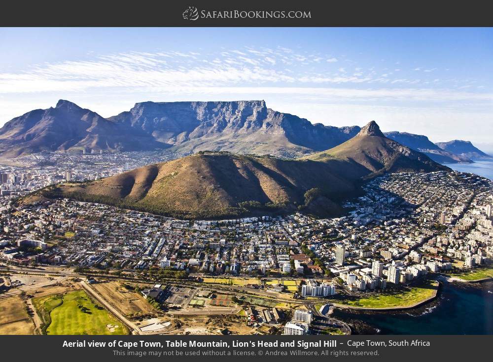 Aerial view of Cape Town, Table Mountain, Lion's Head and Signal Hill in Cape Town, South Africa