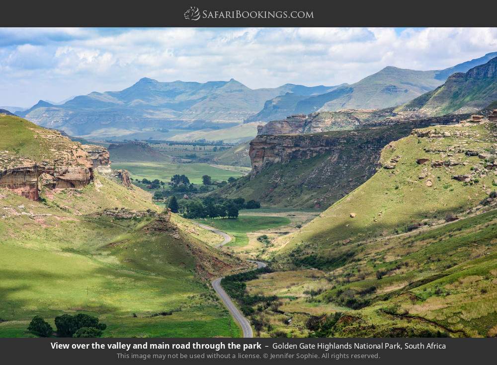 View over the valley and main road through the park in Golden Gate Highlands National Park, South Africa