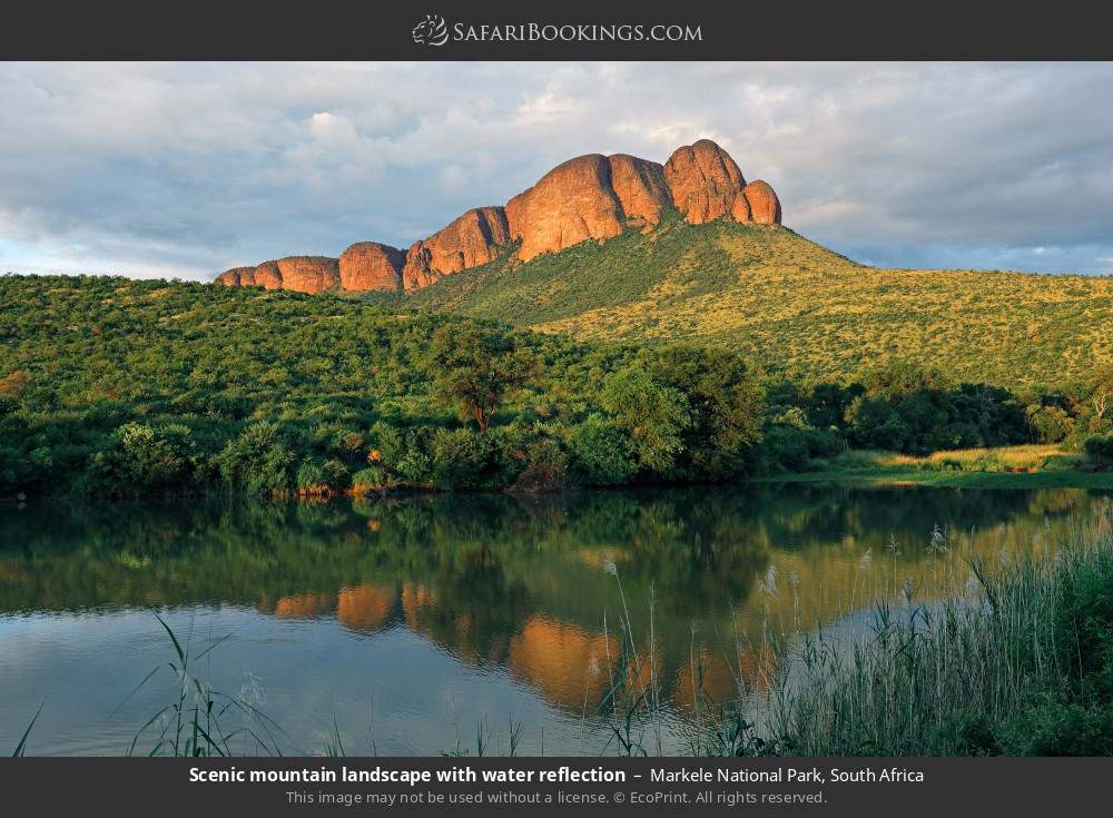 Scenic mountain landscape with water reflection in Markele National Park, South Africa