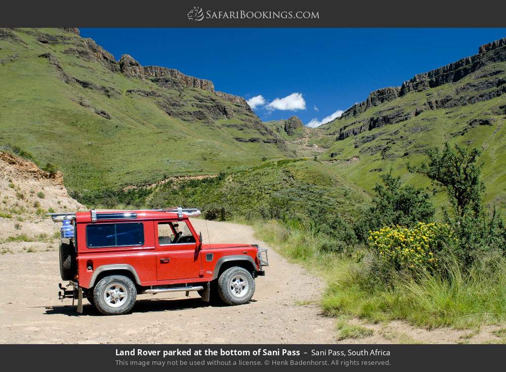 Land Rover parked at the bottom of Sani Pass in Sani Pass, South Africa