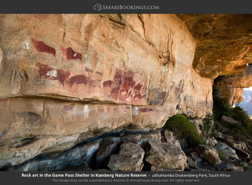 Rock art in the Game Pass Shelter in Kamberg Nature Reserve in uKhahlamba Drakensberg Park, South Africa