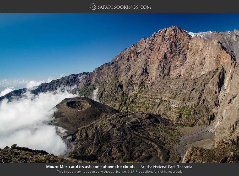 Mount Meru and its ash cone above the clouds in Arusha National Park, Tanzania